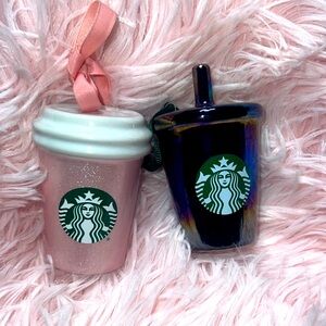 Starbucks Glittery Pink and Iridescent Black Ornaments